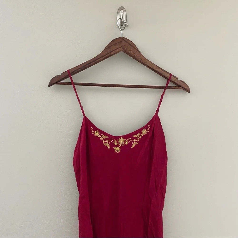 VINTAGE VICTORIA'S SECRET 100% Silk Red Chemise Slip Dress with Gold Florals - Picture 2 of 5